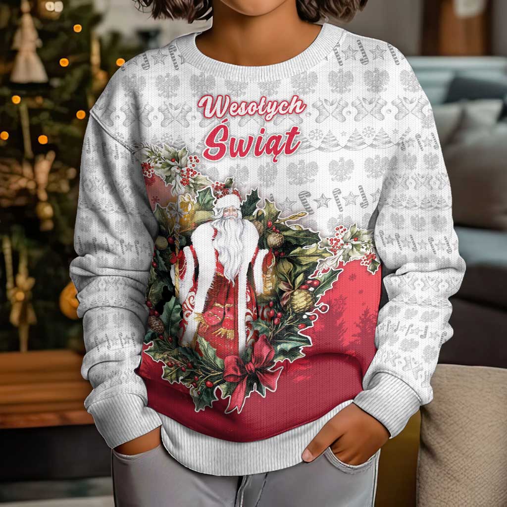 Personalized Poland Christmas Kid Ugly Christmas Sweater Dziadek Mroz With Wreath - Wonder Print Shop