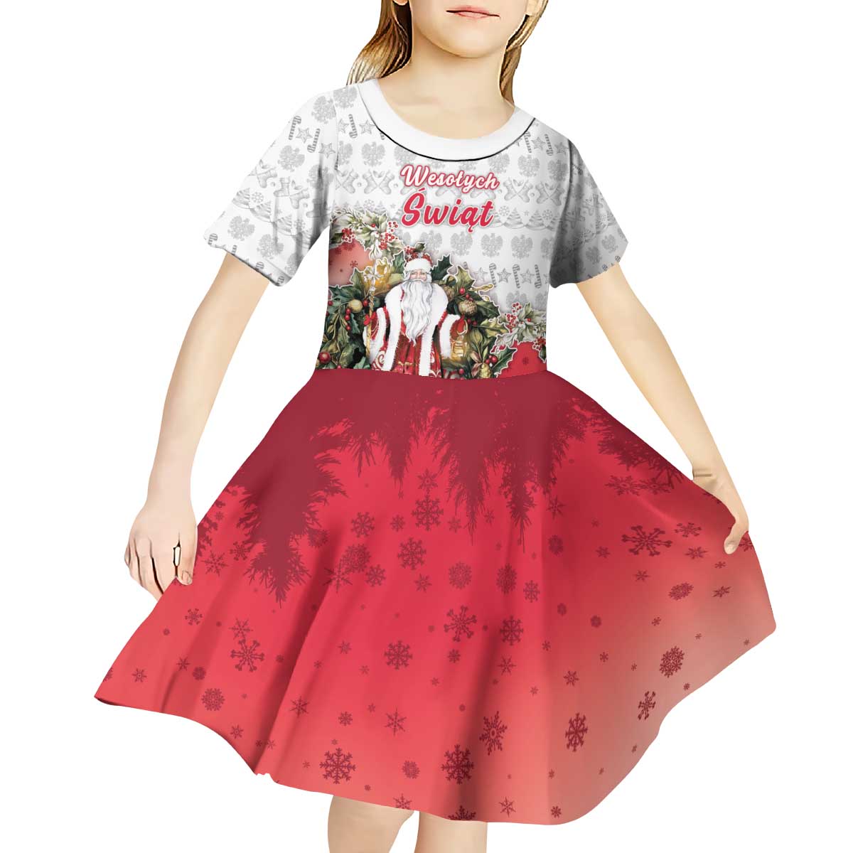 Poland Christmas Kid Short Sleeve Dress Dziadek Mroz With Wreath - Wonder Print Shop