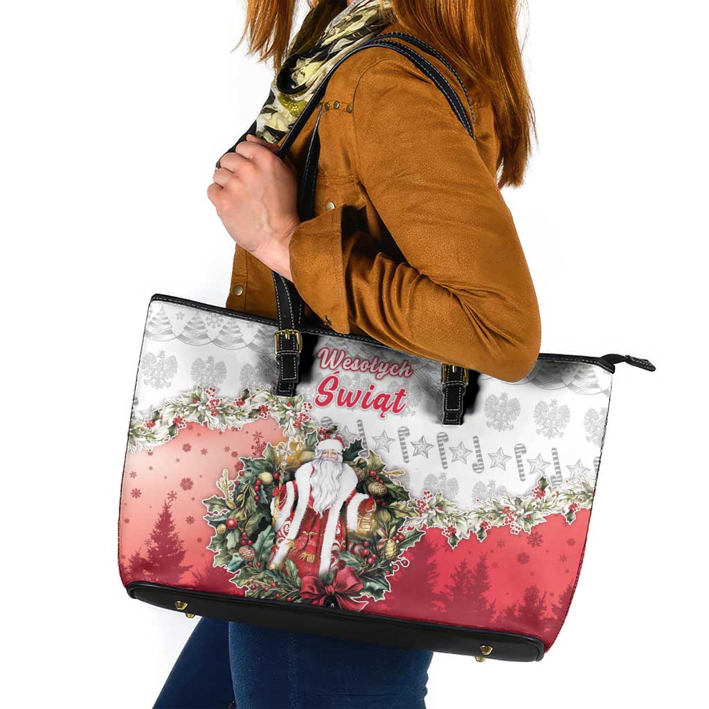 Poland Christmas Leather Tote Bag Dziadek Mroz With Wreath - Wonder Print Shop