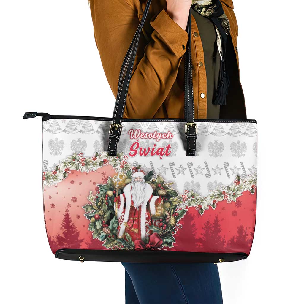 Poland Christmas Leather Tote Bag Dziadek Mroz With Wreath - Wonder Print Shop
