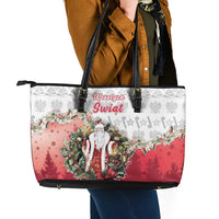Poland Christmas Leather Tote Bag Dziadek Mroz With Wreath - Wonder Print Shop