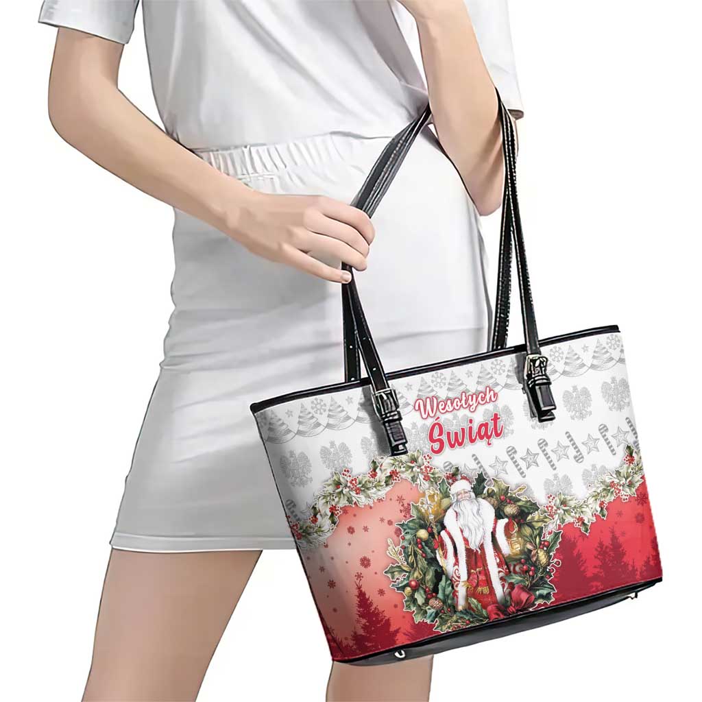 Poland Christmas Leather Tote Bag Dziadek Mroz With Wreath - Wonder Print Shop