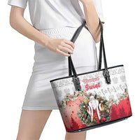 Poland Christmas Leather Tote Bag Dziadek Mroz With Wreath - Wonder Print Shop