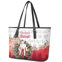 Poland Christmas Leather Tote Bag Dziadek Mroz With Wreath - Wonder Print Shop