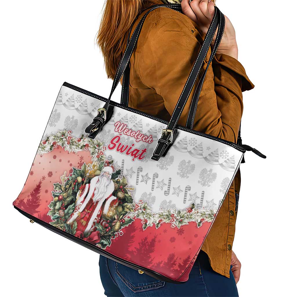 Poland Christmas Leather Tote Bag Dziadek Mroz With Wreath - Wonder Print Shop
