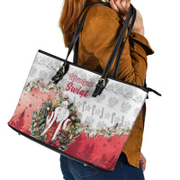 Poland Christmas Leather Tote Bag Dziadek Mroz With Wreath - Wonder Print Shop