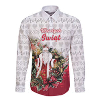 Poland Christmas Long Sleeve Button Shirt Dziadek Mroz With Wreath - Wonder Print Shop