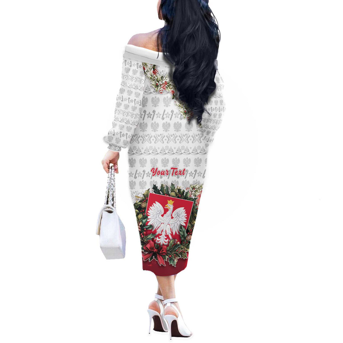 Poland Christmas Off The Shoulder Long Sleeve Dress Dziadek Mroz With Wreath - Wonder Print Shop