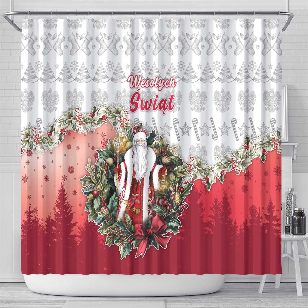 Poland Christmas Shower Curtain Dziadek Mroz With Wreath - Wonder Print Shop