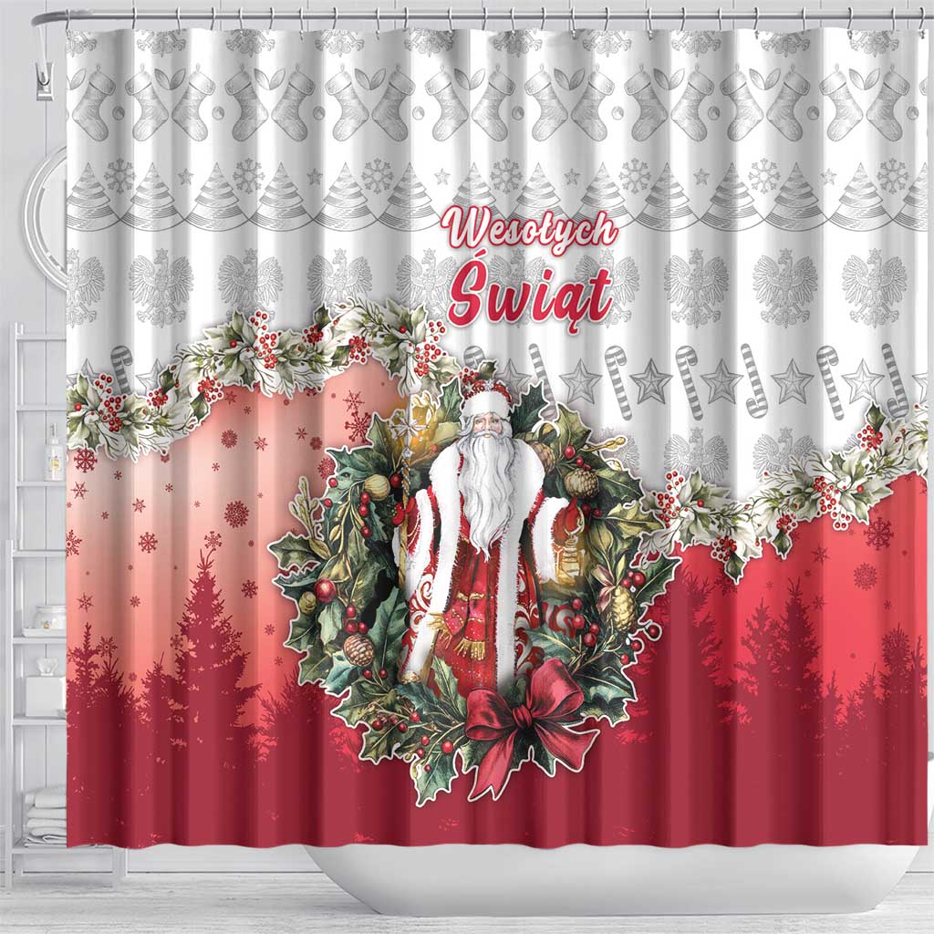 Poland Christmas Shower Curtain Dziadek Mroz With Wreath - Wonder Print Shop