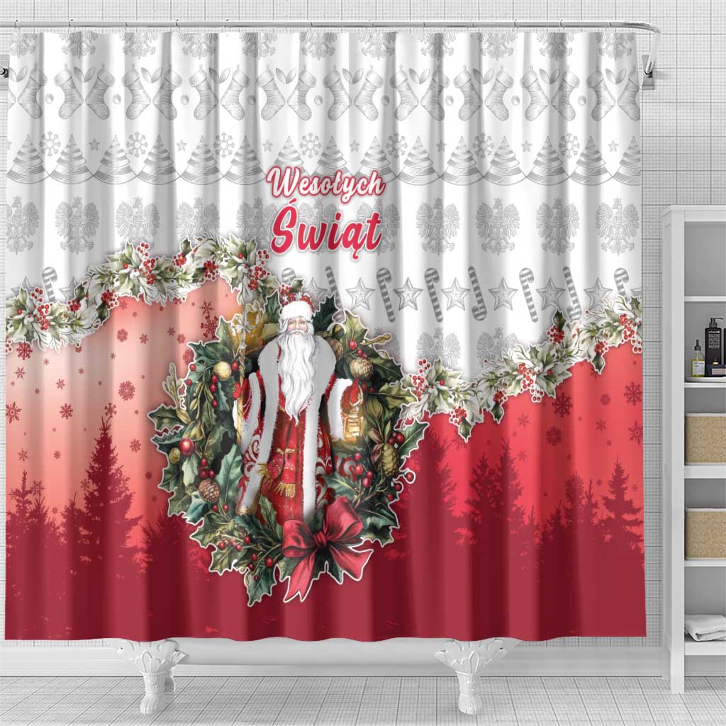 Poland Christmas Shower Curtain Dziadek Mroz With Wreath - Wonder Print Shop