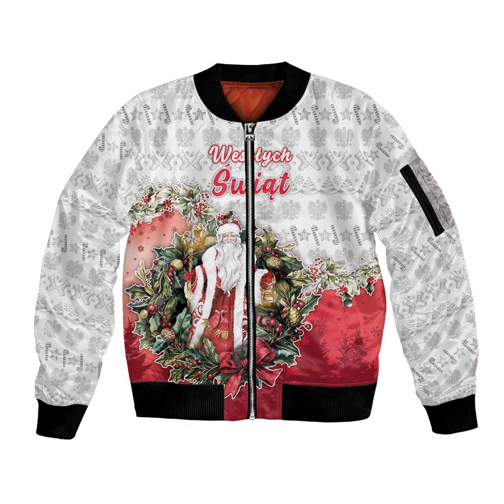Poland Christmas Sleeve Zip Bomber Jacket Dziadek Mroz With Wreath - Wonder Print Shop