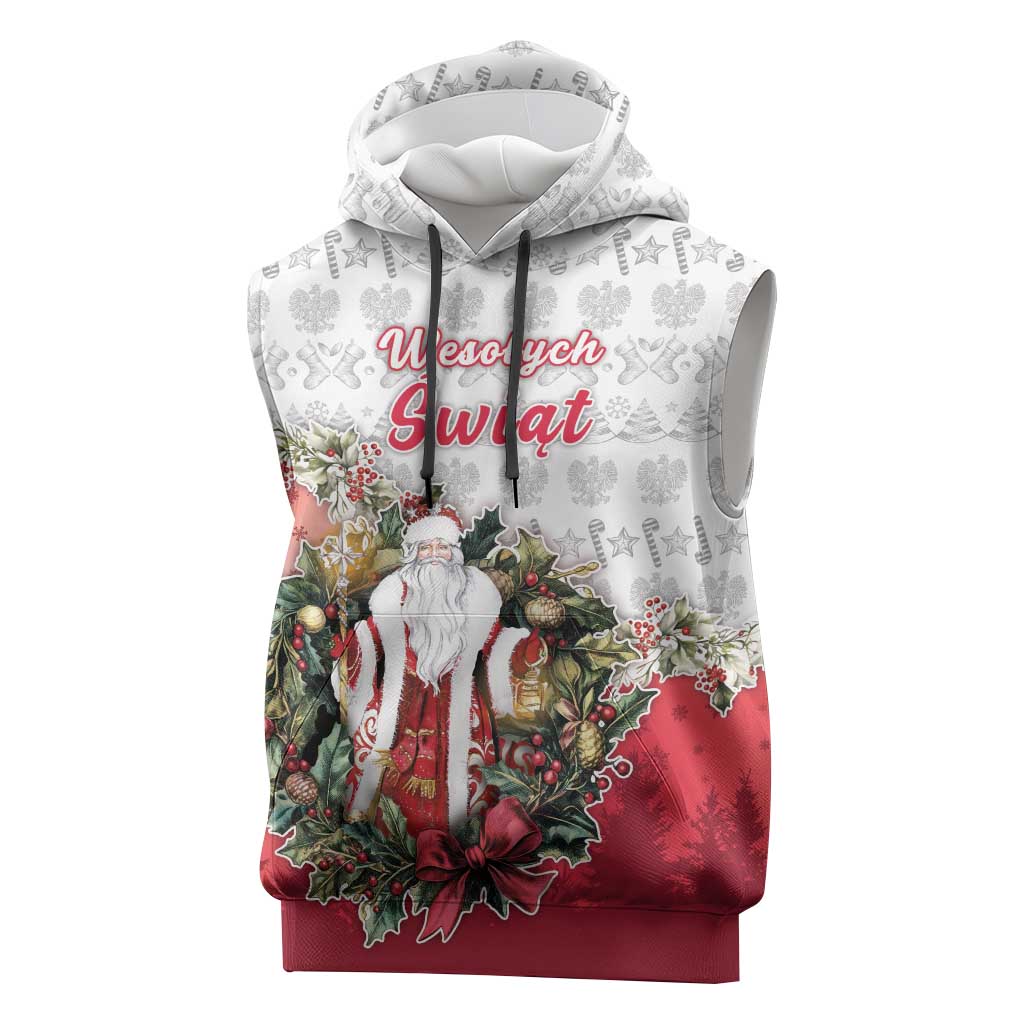 Poland Christmas Sleeveless Hoodie Dziadek Mroz With Wreath - Wonder Print Shop