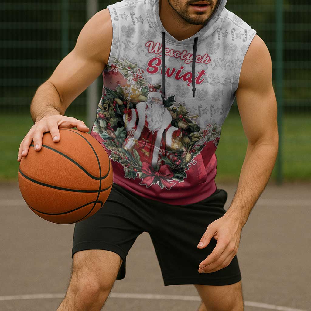 Poland Christmas Sleeveless Hoodie Dziadek Mroz With Wreath - Wonder Print Shop