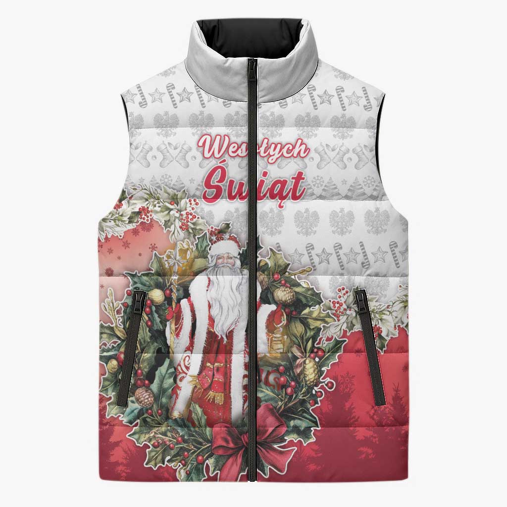 Poland Christmas Sleeveless Puffer Jacket Dziadek Mroz With Wreath - Wonder Print Shop