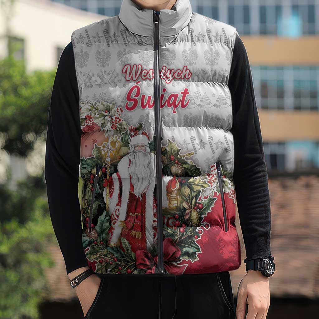 Poland Christmas Sleeveless Puffer Jacket Dziadek Mroz With Wreath - Wonder Print Shop