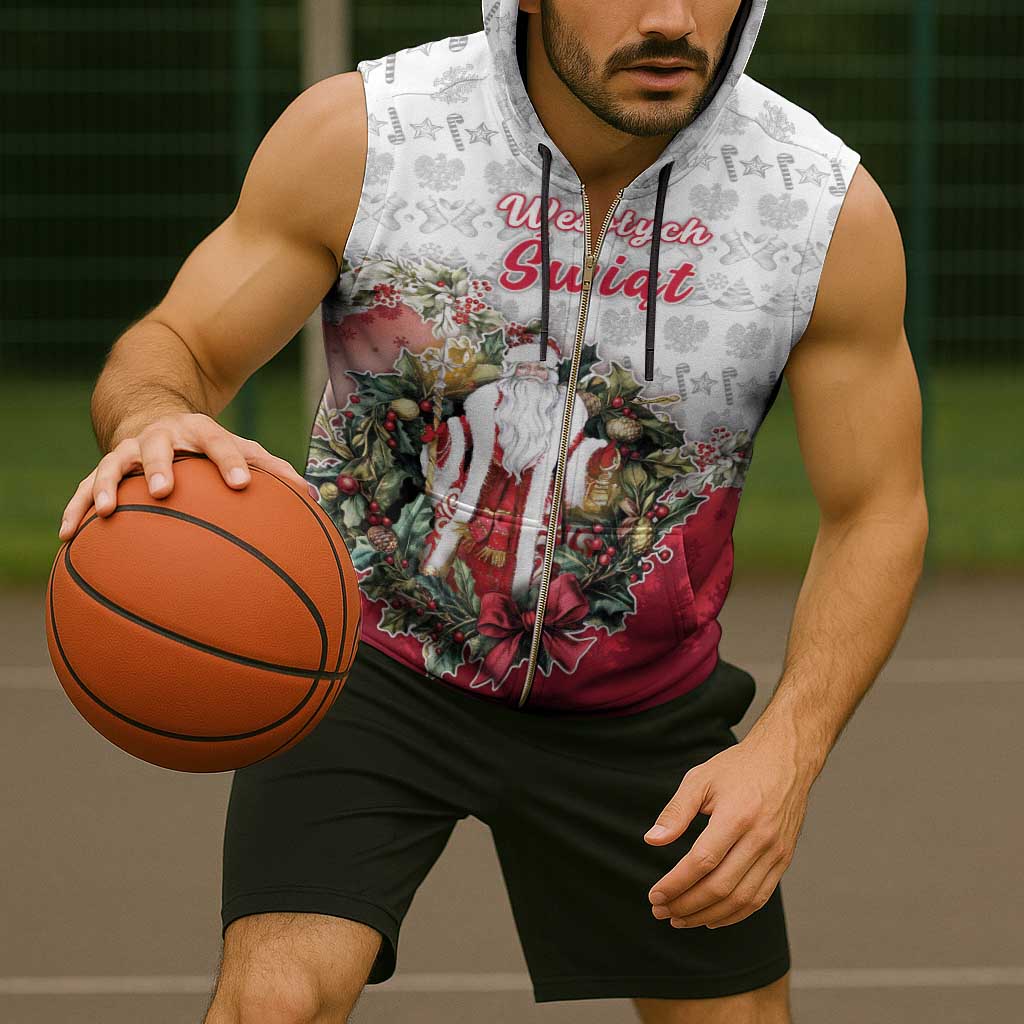 Poland Christmas Sleeveless Zip Hoodie Dziadek Mroz With Wreath - Wonder Print Shop