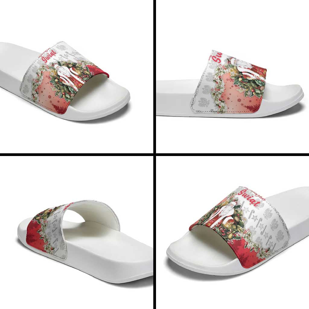 Poland Christmas Slide Sandals Dziadek Mroz With Wreath - Wonder Print Shop