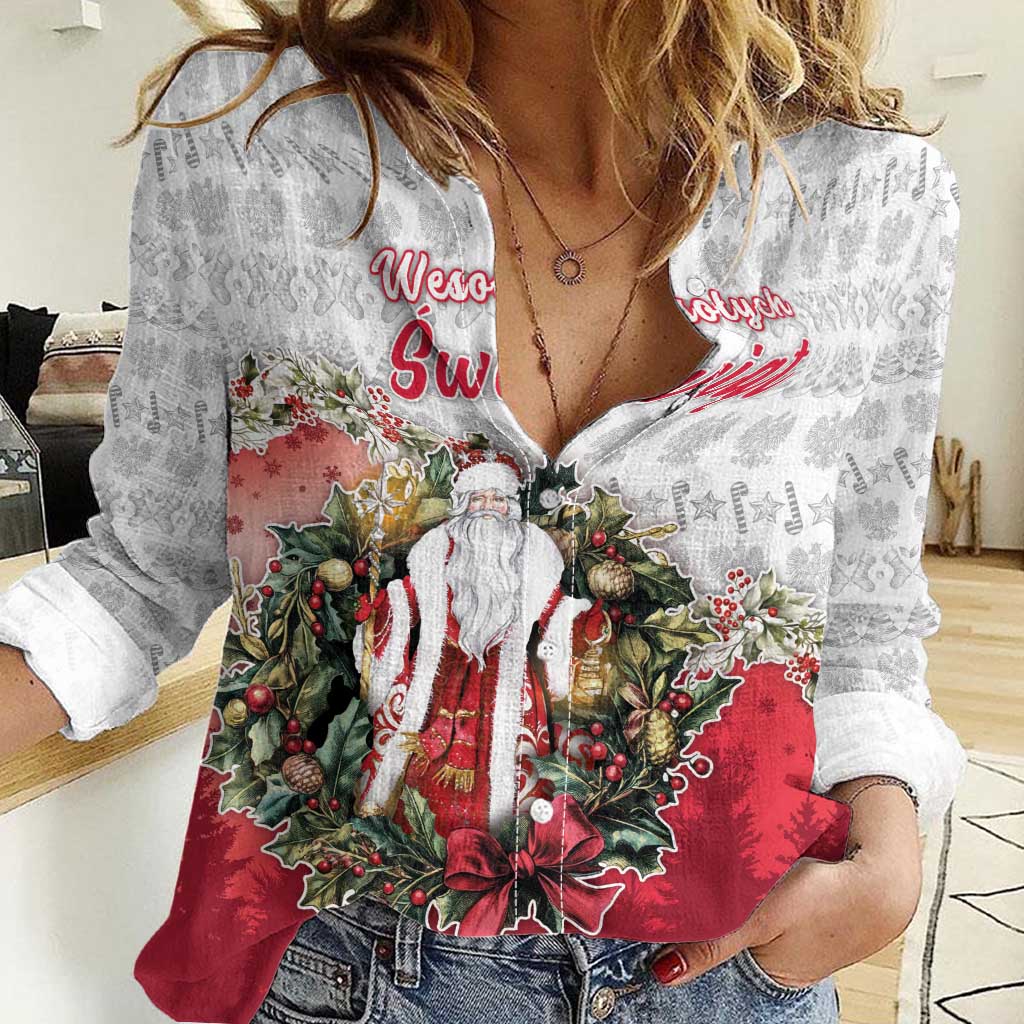 Poland Christmas Women Casual Shirt Dziadek Mroz With Wreath - Wonder Print Shop