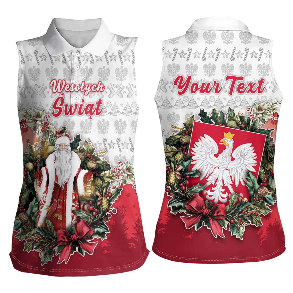 Poland Christmas Women Sleeveless Polo Shirt Dziadek Mroz With Wreath - Wonder Print Shop
