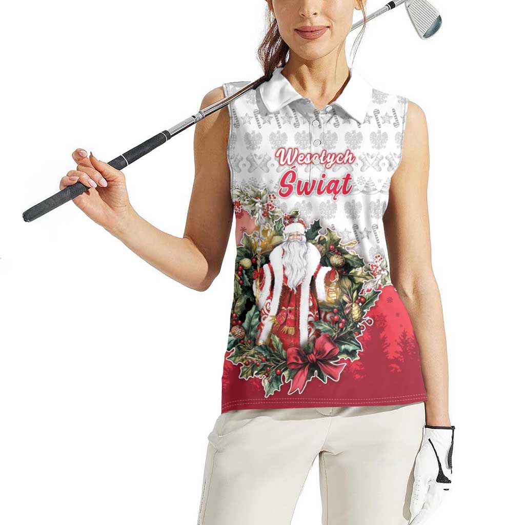 Poland Christmas Women Sleeveless Polo Shirt Dziadek Mroz With Wreath - Wonder Print Shop