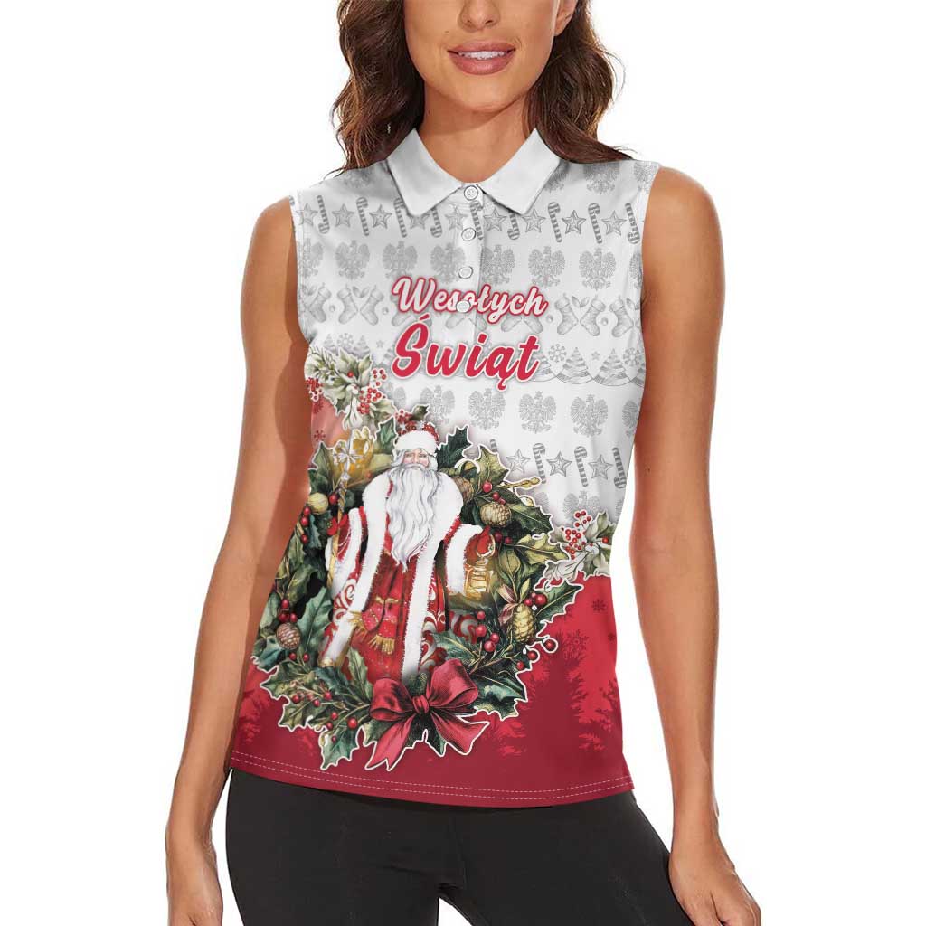 Poland Christmas Women Sleeveless Polo Shirt Dziadek Mroz With Wreath - Wonder Print Shop