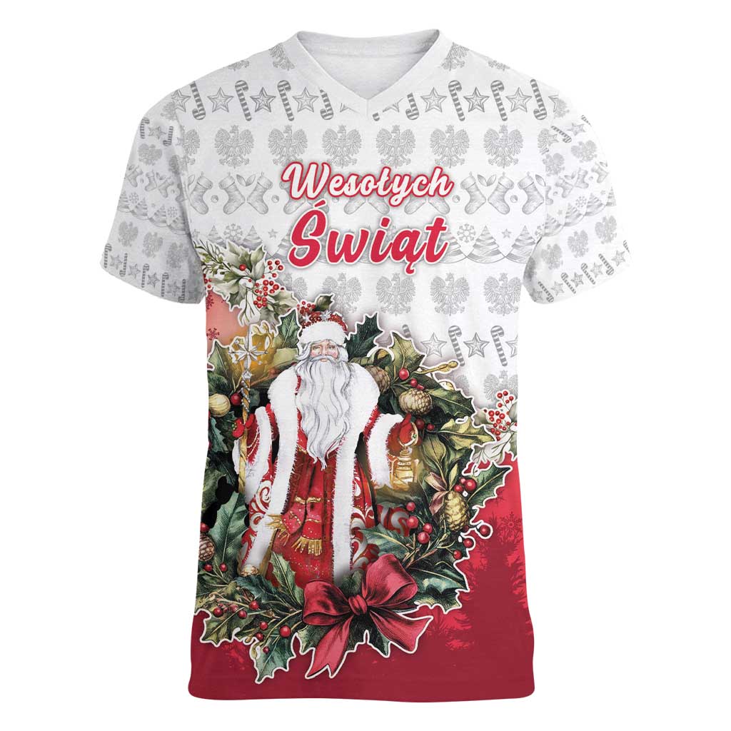 Poland Christmas Women V-Neck T-Shirt Dziadek Mroz With Wreath - Wonder Print Shop