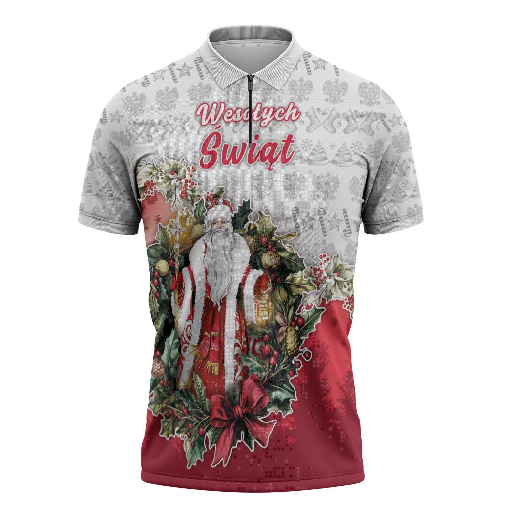 Poland Christmas Zipper Polo Shirt Dziadek Mroz With Wreath - Wonder Print Shop