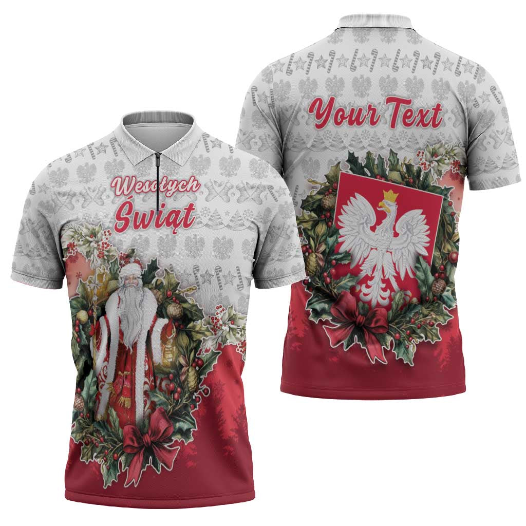 Poland Christmas Zipper Polo Shirt Dziadek Mroz With Wreath - Wonder Print Shop