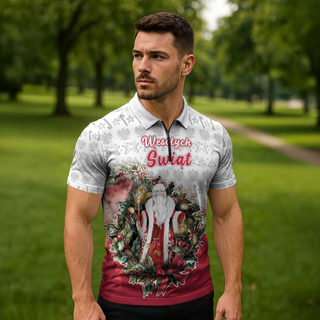 Poland Christmas Zipper Polo Shirt Dziadek Mroz With Wreath - Wonder Print Shop