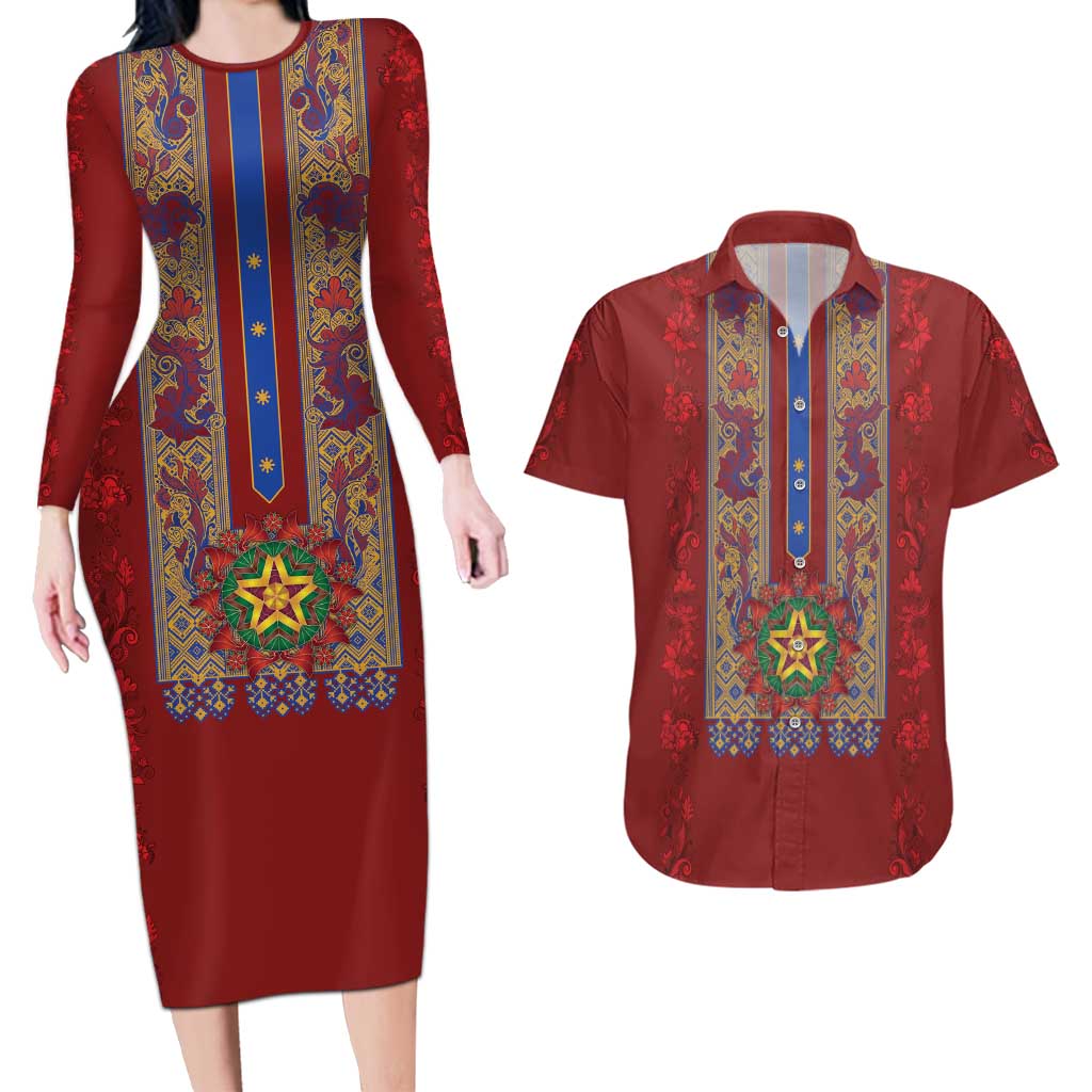 Philippines Christmas Couples Matching Long Sleeve Bodycon Dress and Hawaiian Shirt Parol Xmas Barong Style - Wonder Print Shop