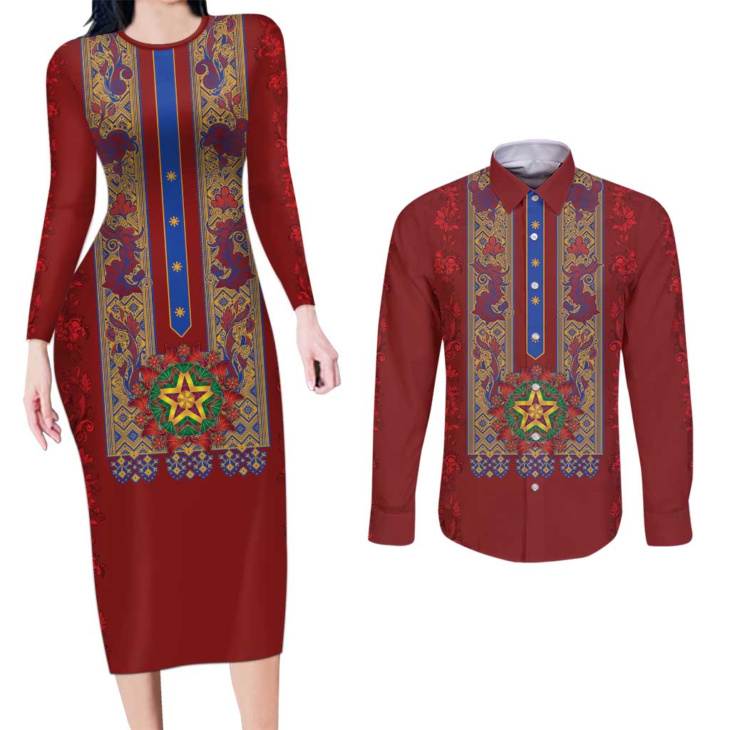 Philippines Christmas Couples Matching Long Sleeve Bodycon Dress and Long Sleeve Button Shirt Parol Xmas Barong Style - Wonder Print Shop