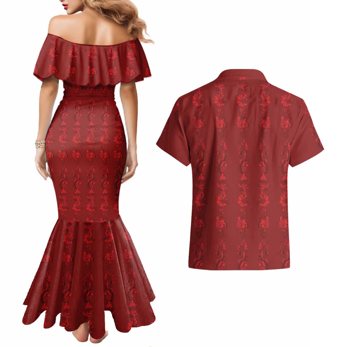 Philippines Christmas Couples Matching Mermaid Dress and Hawaiian Shirt Parol Xmas Barong Style - Wonder Print Shop