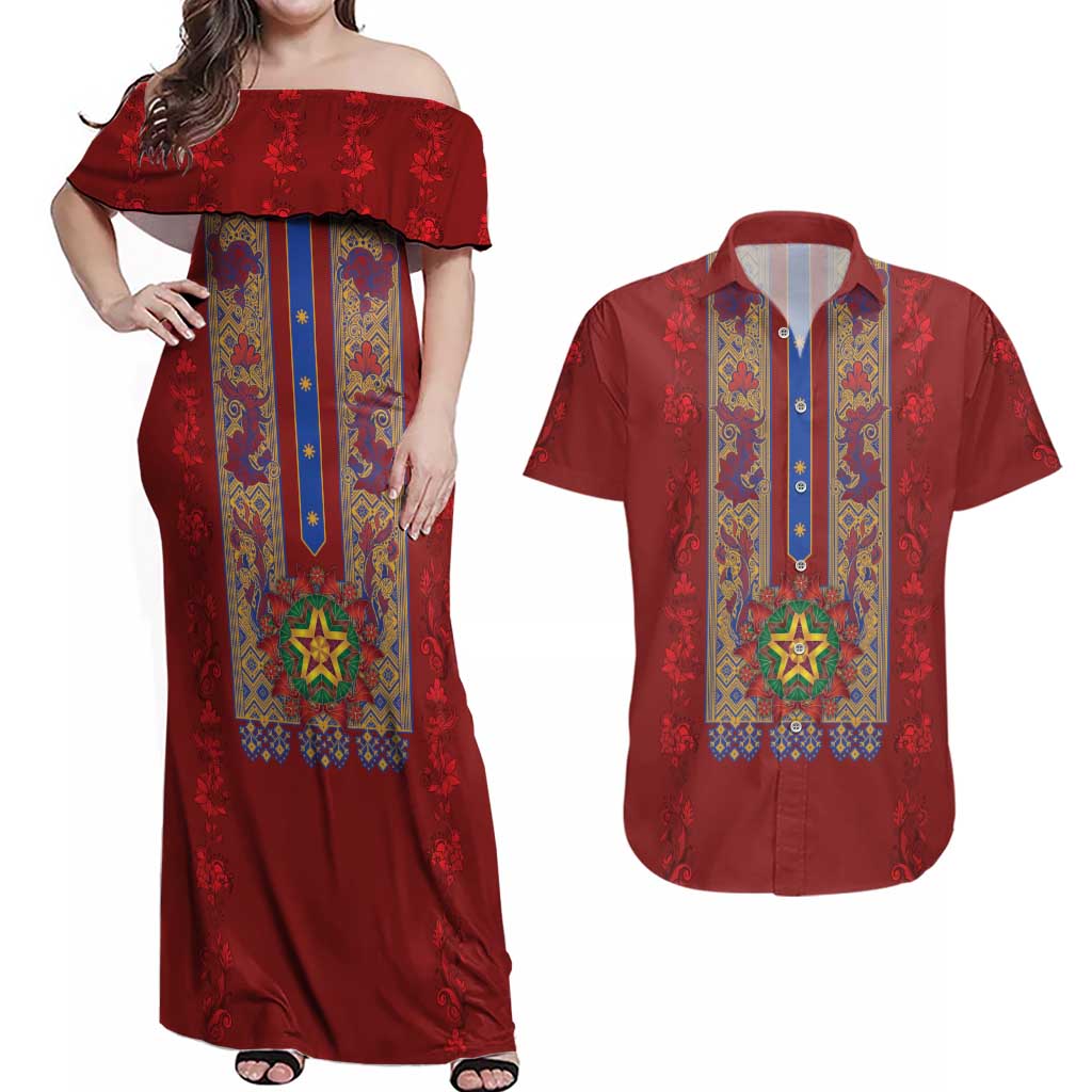 Philippines Christmas Couples Matching Off Shoulder Maxi Dress and Hawaiian Shirt Parol Xmas Barong Style - Wonder Print Shop