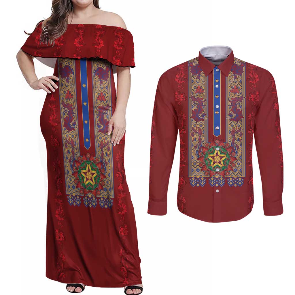 Philippines Christmas Couples Matching Off Shoulder Maxi Dress and Long Sleeve Button Shirt Parol Xmas Barong Style - Wonder Print Shop