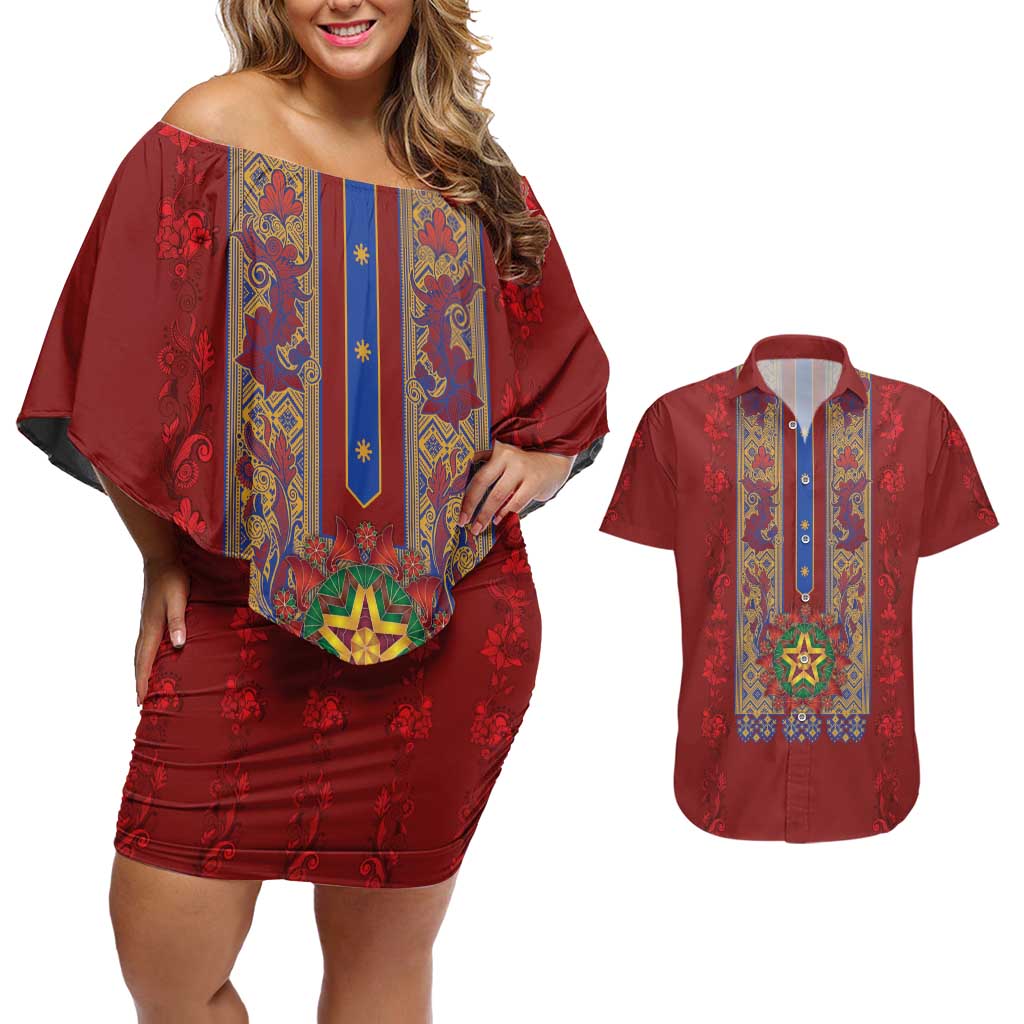 Philippines Christmas Couples Matching Off Shoulder Short Dress and Hawaiian Shirt Parol Xmas Barong Style - Wonder Print Shop