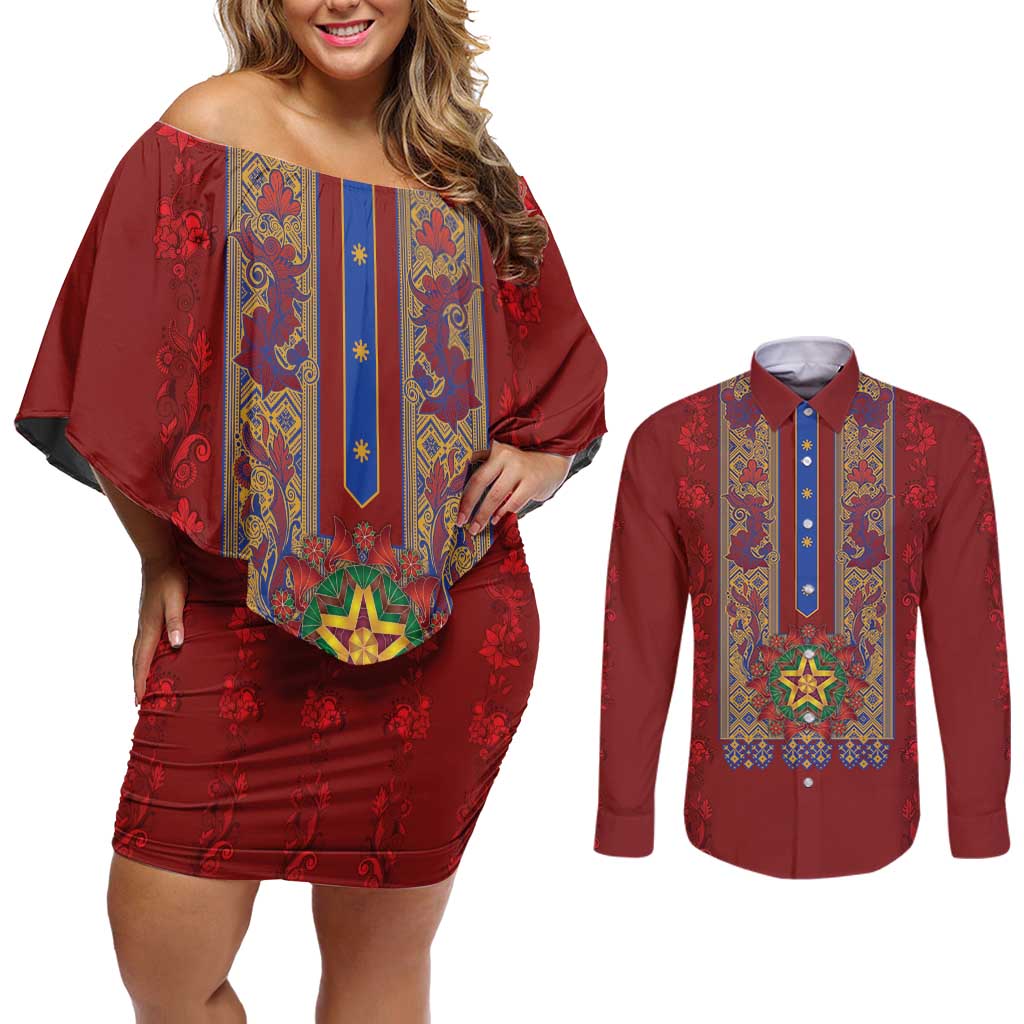 Philippines Christmas Couples Matching Off Shoulder Short Dress and Long Sleeve Button Shirt Parol Xmas Barong Style - Wonder Print Shop