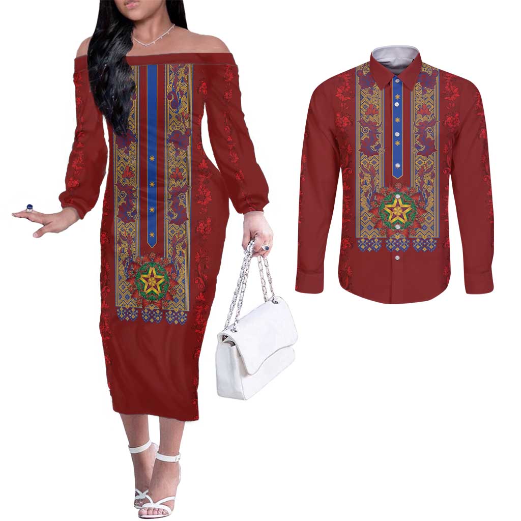 Philippines Christmas Couples Matching Off The Shoulder Long Sleeve Dress and Long Sleeve Button Shirt Parol Xmas Barong Style - Wonder Print Shop