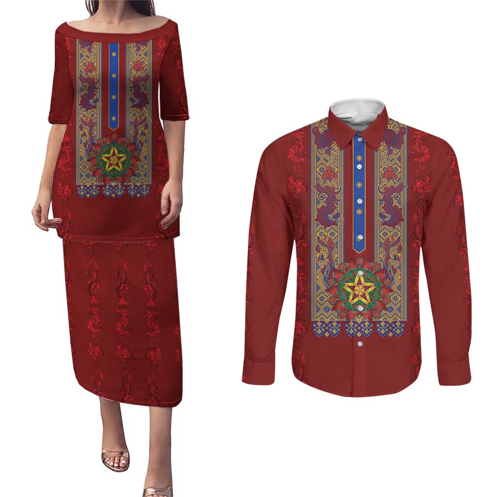 Philippines Christmas Couples Matching Puletasi and Long Sleeve Button Shirt Parol Xmas Barong Style - Wonder Print Shop