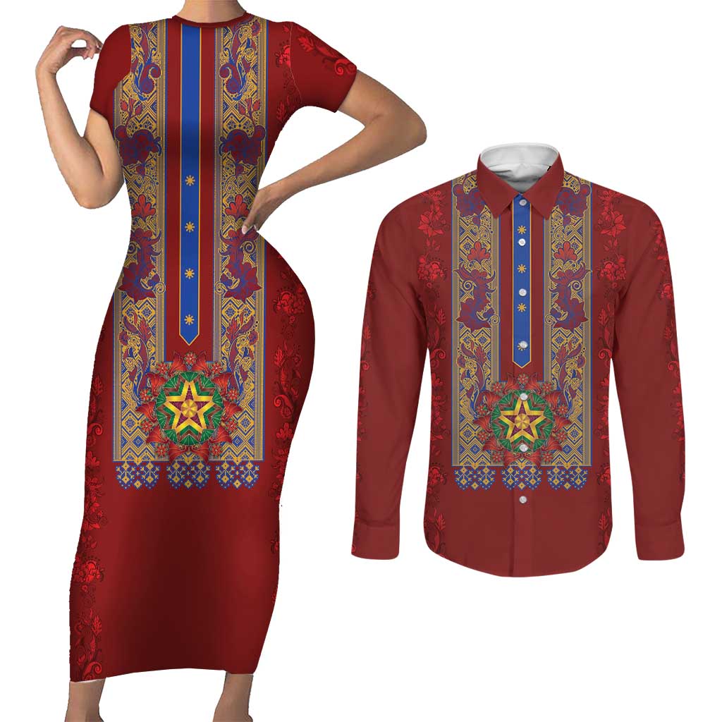 Philippines Christmas Couples Matching Short Sleeve Bodycon Dress and Long Sleeve Button Shirt Parol Xmas Barong Style - Wonder Print Shop