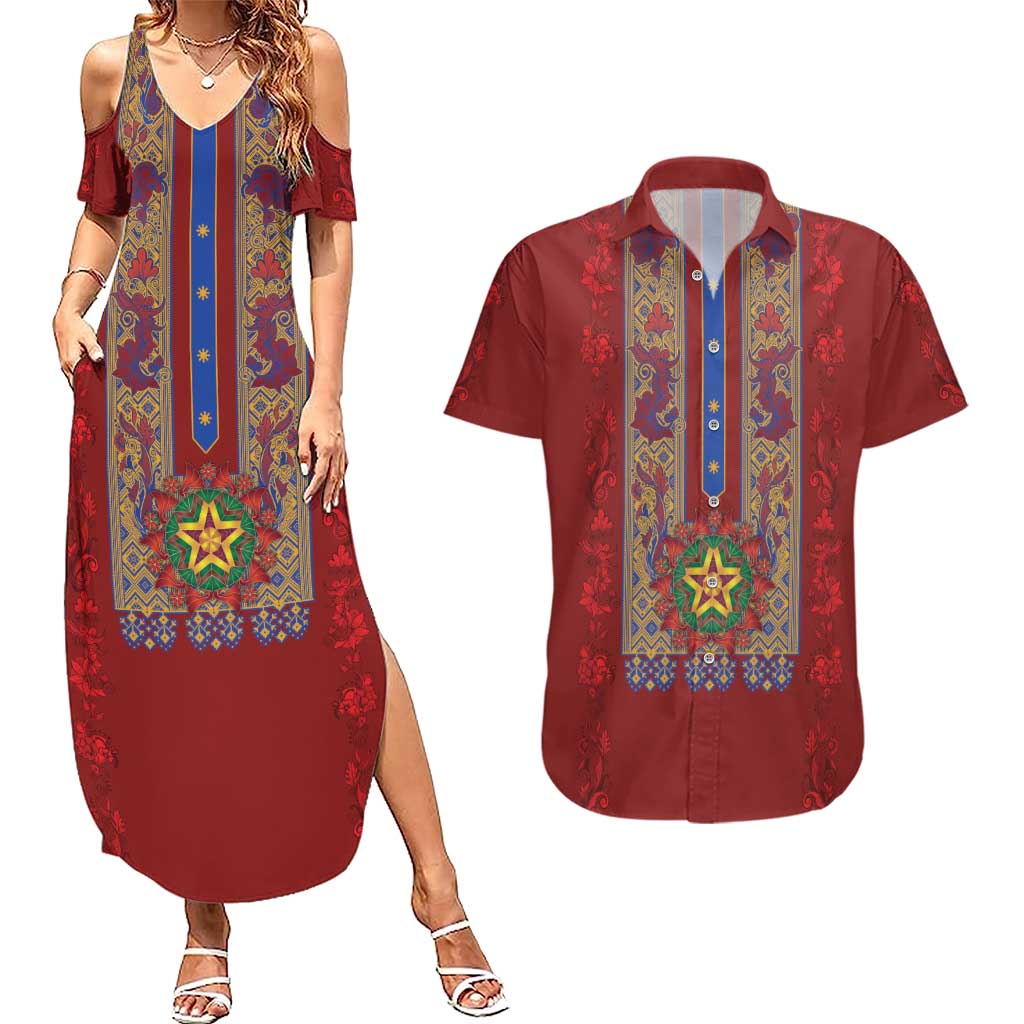 Philippines Christmas Couples Matching Summer Maxi Dress and Hawaiian Shirt Parol Xmas Barong Style - Wonder Print Shop