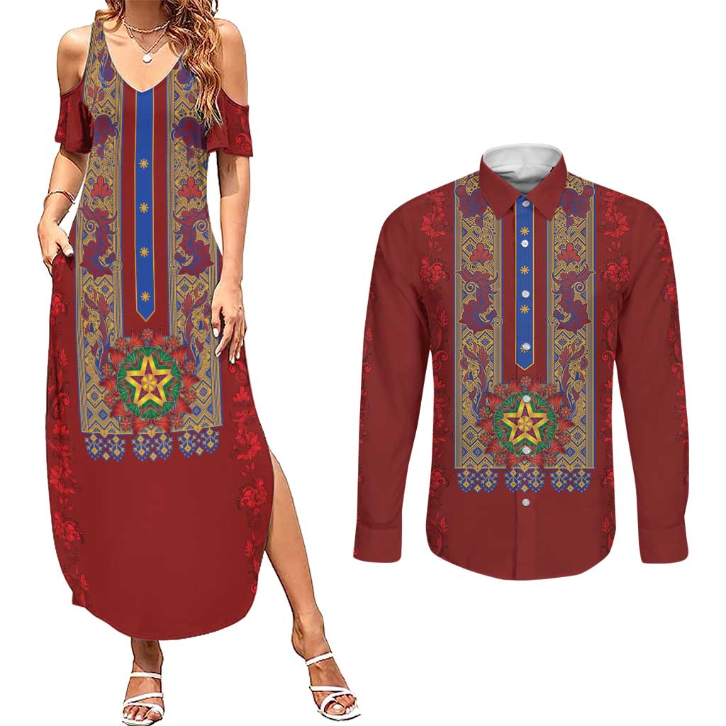 Philippines Christmas Couples Matching Summer Maxi Dress and Long Sleeve Button Shirt Parol Xmas Barong Style - Wonder Print Shop