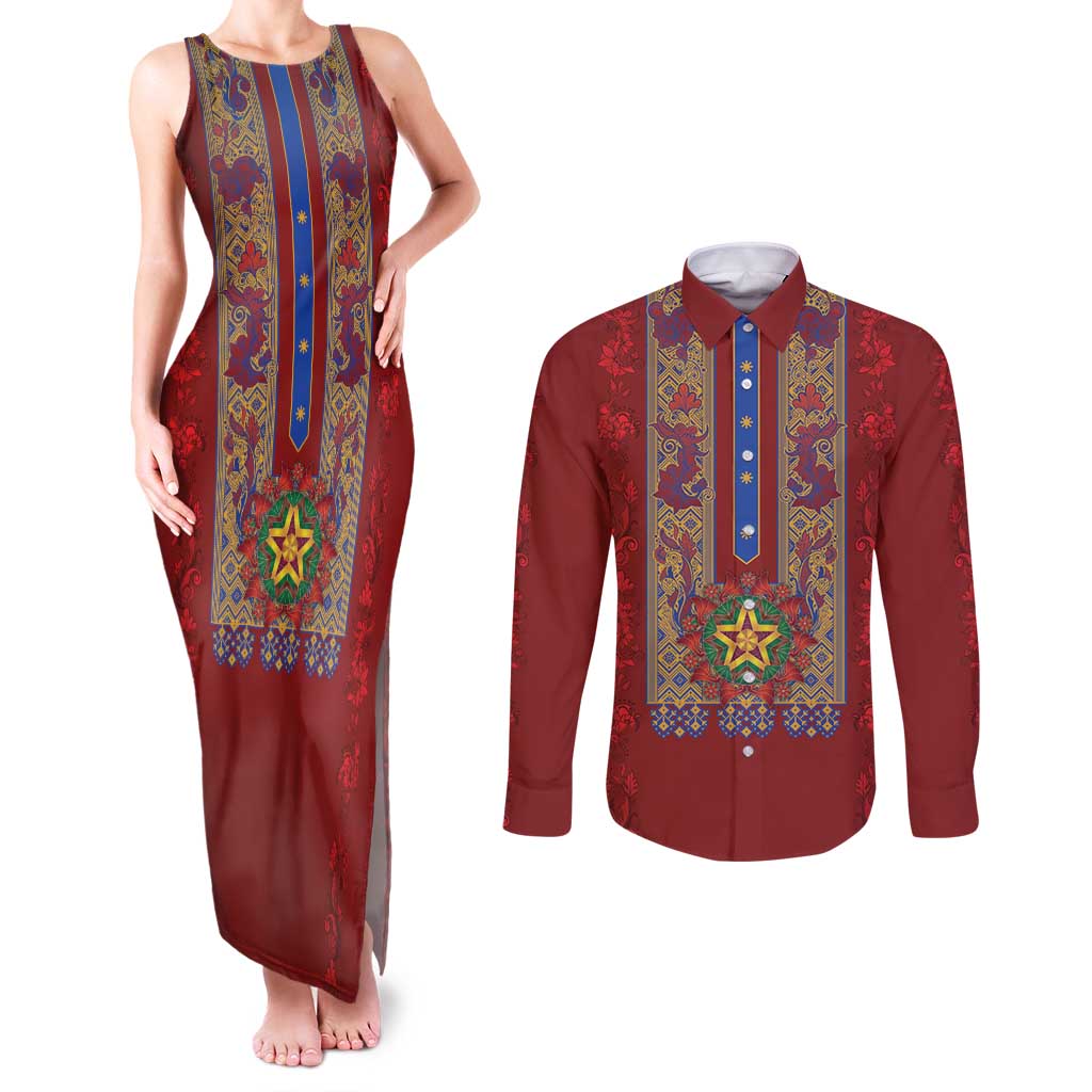 Philippines Christmas Couples Matching Tank Maxi Dress and Long Sleeve Button Shirt Parol Xmas Barong Style - Wonder Print Shop
