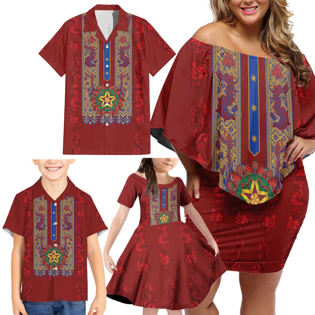 Philippines Christmas Family Matching Off Shoulder Short Dress and Hawaiian Shirt Parol Xmas Barong Style - Wonder Print Shop