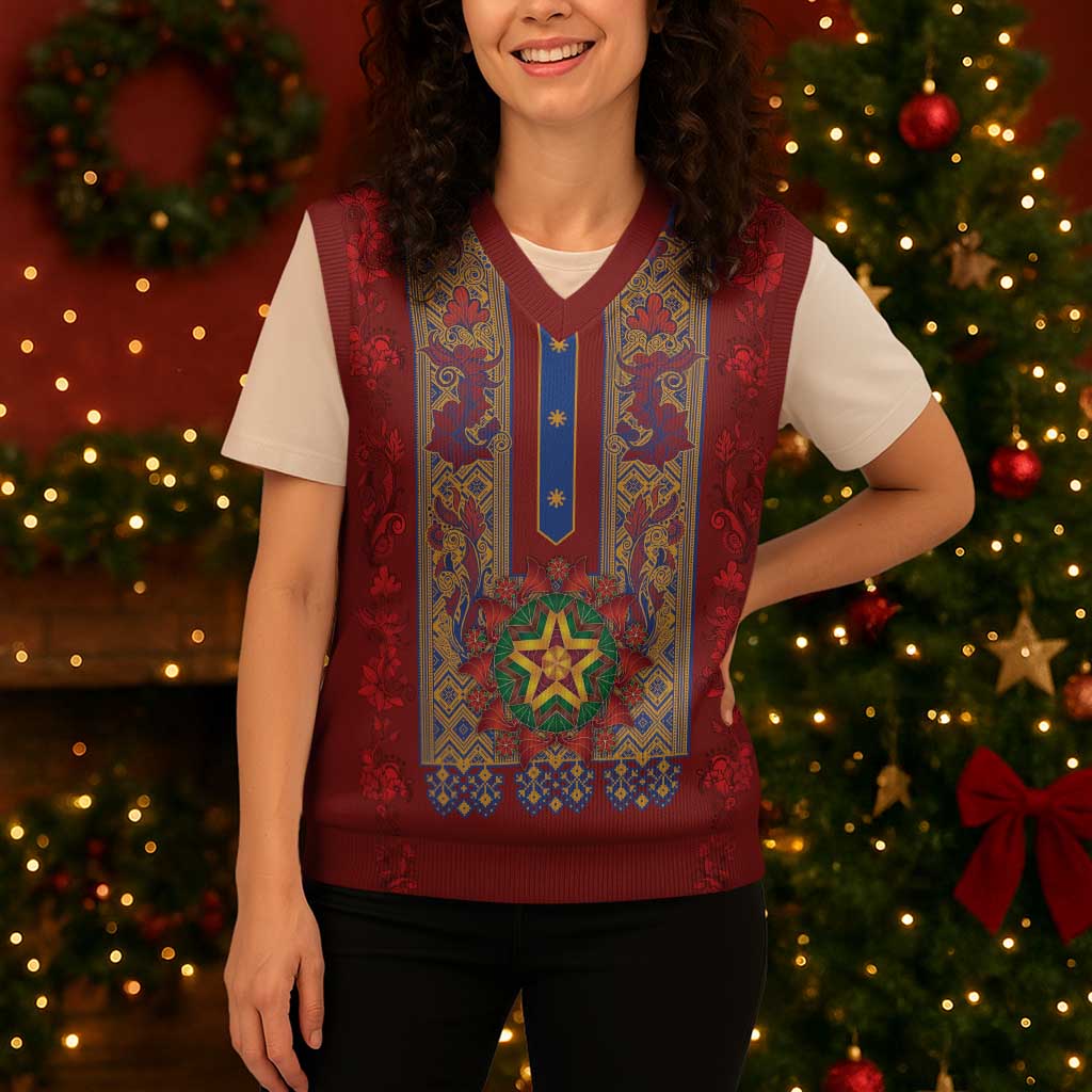 Philippines Christmas Knitted V-Neck Vest Parol Xmas Barong Style - Wonder Print Shop