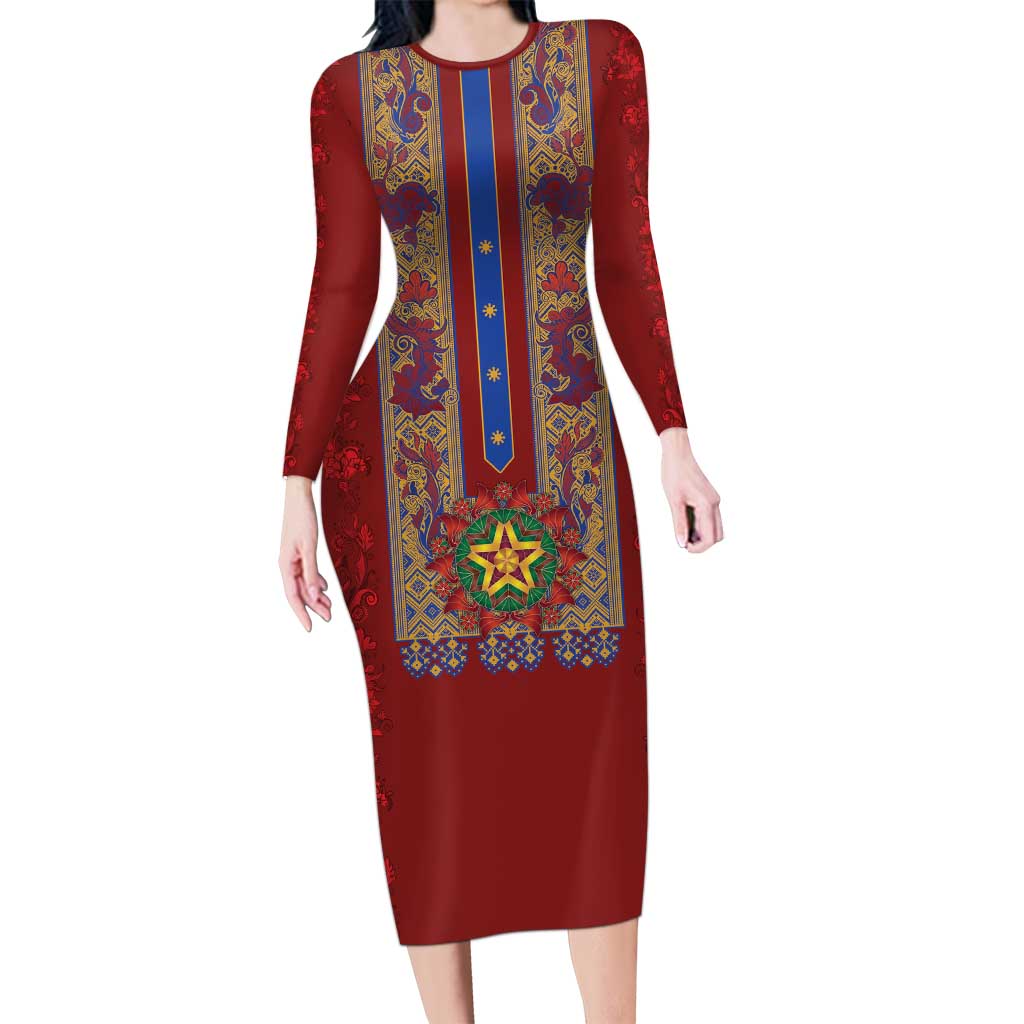 Philippines Christmas Long Sleeve Bodycon Dress Parol Xmas Barong Style - Wonder Print Shop