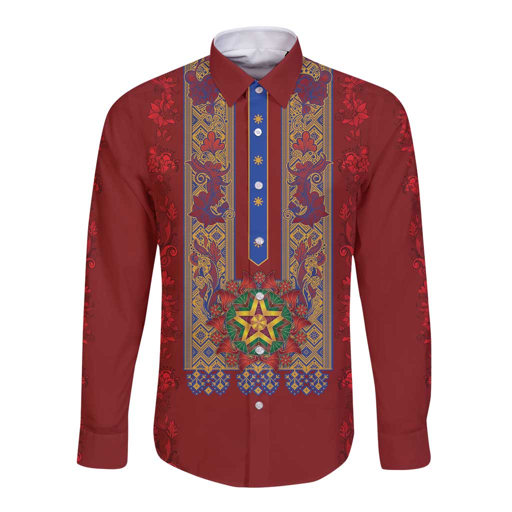 Philippines Christmas Long Sleeve Button Shirt Parol Xmas Barong Style - Wonder Print Shop