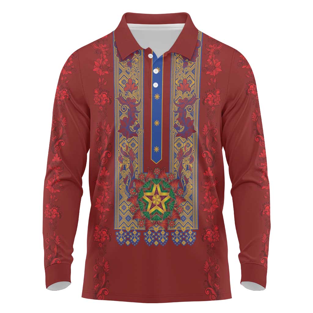 Philippines Christmas Long Sleeve Polo Shirt Parol Xmas Barong Style - Wonder Print Shop