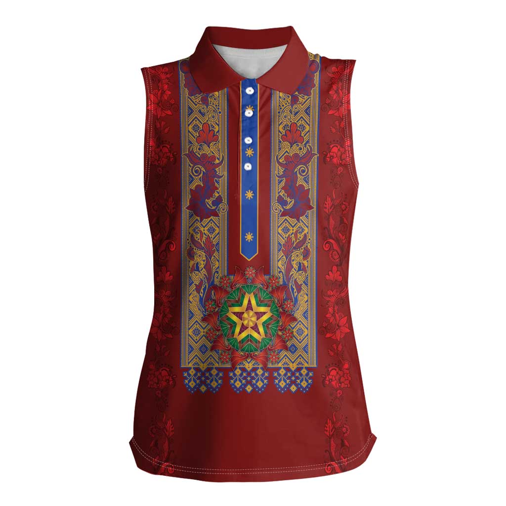 Philippines Christmas Women Sleeveless Polo Shirt Parol Xmas Barong Style - Wonder Print Shop