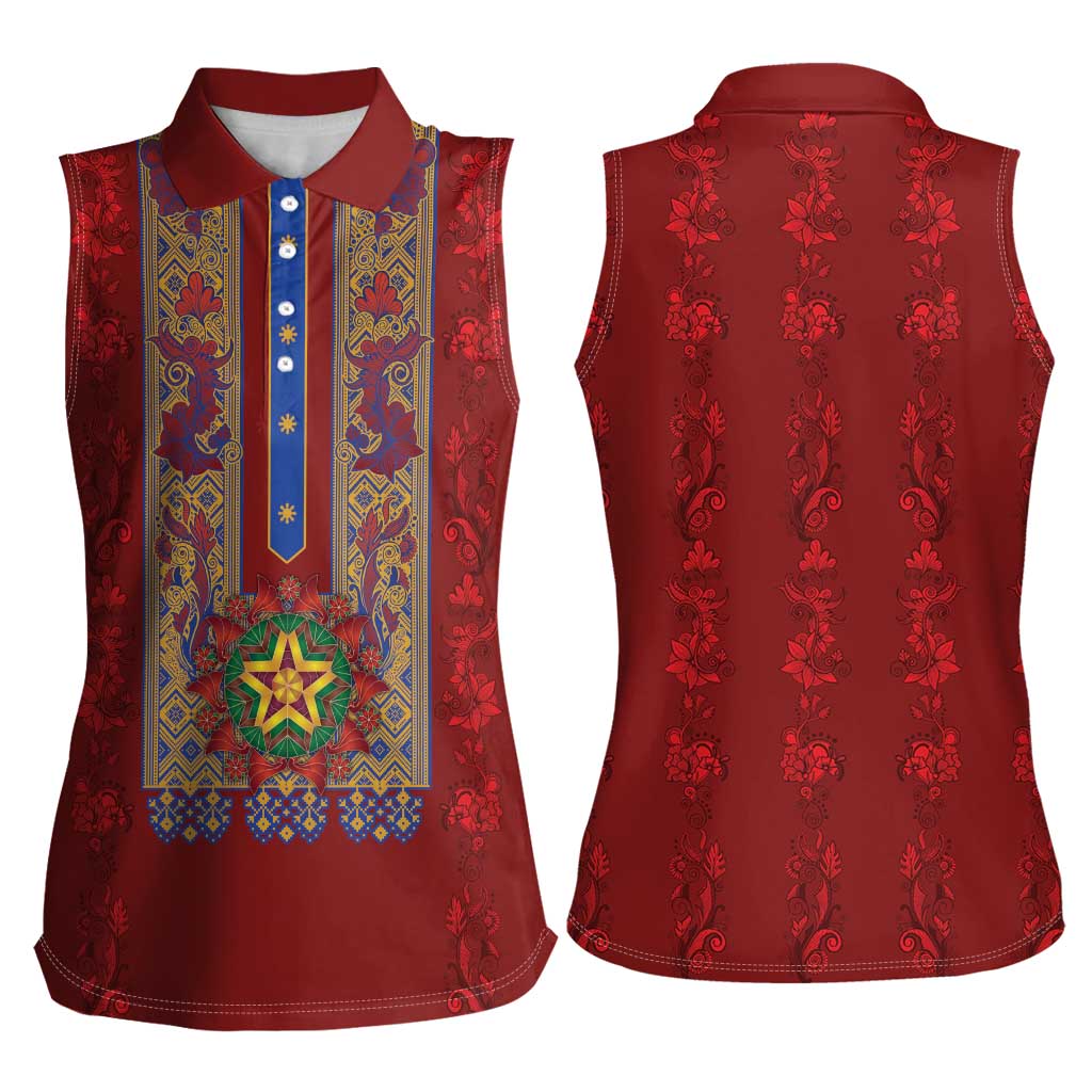 Philippines Christmas Women Sleeveless Polo Shirt Parol Xmas Barong Style - Wonder Print Shop